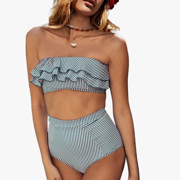 2Piece Bikini Set Stripe Full Coverage Swimsuit Tummy Control Padded S - Picture 1 of 4